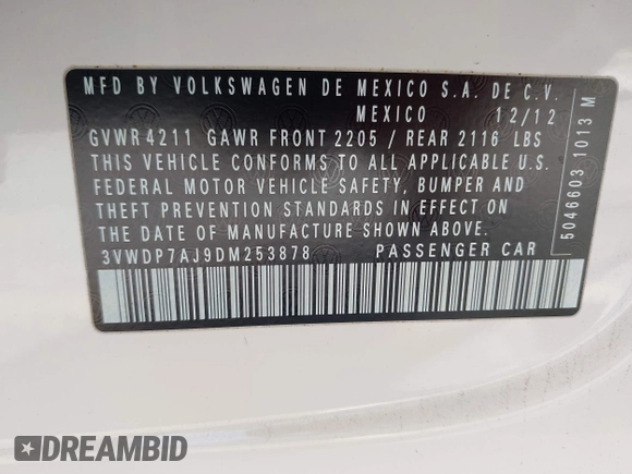 2013 Volkswagen Jetta SE with VIN 3VWDP7AJ9DM253878, listed as a IAAI auction lot 41974451 with 149,720 mi miles and . Bid and sale history available at DreamBid. Image 9.