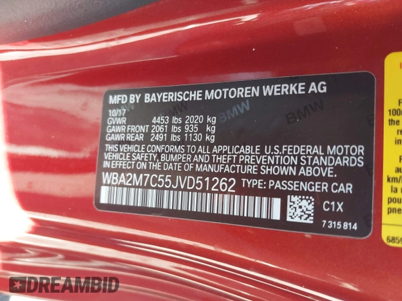 2018 BMW 2 Series 230i with VIN WBA2M7C55JVD51262, listed as a IAAI auction lot 41343333 with 29,537 mi miles. Bid and sale history available at carsss.com. Image 9.