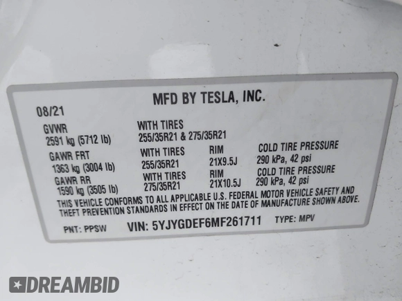 2021 Tesla Model Y Performance with VIN 5YJYGDEF6MF261711, listed as a IAAI auction lot 41176208 with 25,687 mi miles and . Bid and sale history available at DreamBid. Image 9.