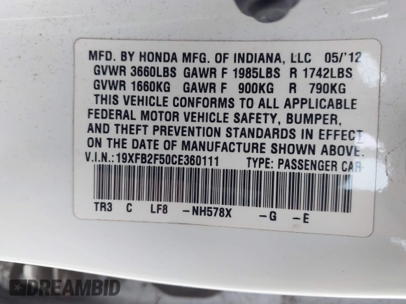 2012 Honda Civic LX with VIN 19XFB2F50CE360111, listed as a IAAI auction lot 42163922 with 109,119 mi miles and . Bid and sale history available at DreamBid. Image 9.