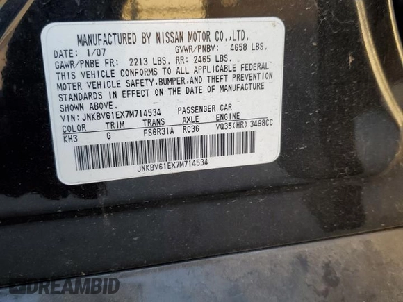 2007 Infiniti G35 Sport with VIN JNKBV61EX7M714534, listed as a Copart auction lot 73749614 with 100,173 mi miles and Salvage Title. Bid and sale history available at DreamBid. Image 14.