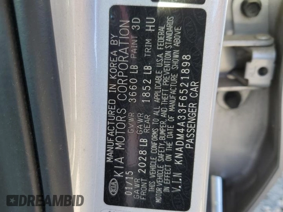 2015 Kia Rio LX with VIN KNADM4A33F6521898, listed as a Copart auction lot 47700235 with 45,262 mi miles and Salvage Title. Bid and sale history available at carsss.com. Image 15.