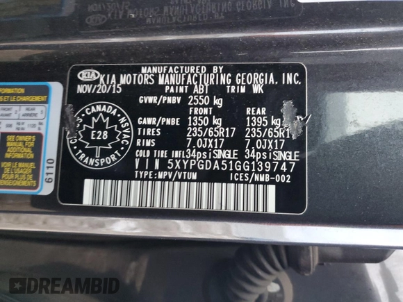 2016 Kia Sorento LX with VIN 5XYPGDA51GG139747, listed as a Copart auction lot 79558753 with 148,066 mi miles and Salvage Title. Bid and sale history available at DreamBid. Image 13.