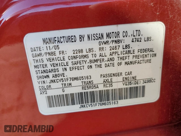2006 Infiniti G35 with VIN JNKCV51F76M605163, listed as a Copart auction lot 75861024 with 183,050 mi miles and Salvage Title. Bid and sale history available at DreamBid. Image 12.