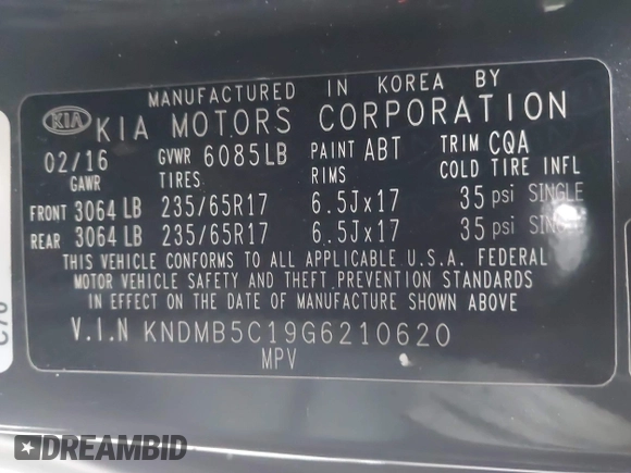 2016 Kia Sedona LX with VIN KNDMB5C19G6210620, listed as a IAAI auction lot 41485717 with 153,783 mi miles and . Bid and sale history available at DreamBid. Image 9.