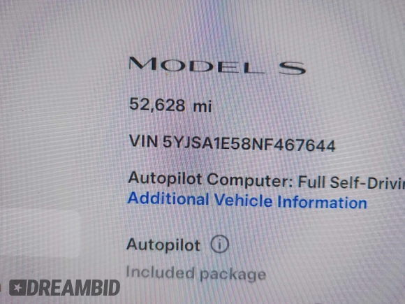 2022 Tesla Model S with VIN 5YJSA1E58NF467644, listed as a IAAI auction lot 42344403 with 52,628 mi miles and . Bid and sale history available at DreamBid. Image 15.