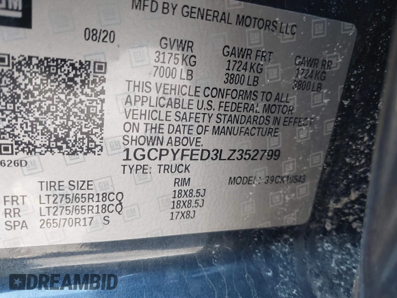 2020 Chevrolet Silverado 1500 LT Trail Boss with VIN 1GCPYFED3LZ352799, listed as a IAAI auction lot 41745030 with 31,194 mi miles. Bid and sale history available at carsss.com. Image 9.