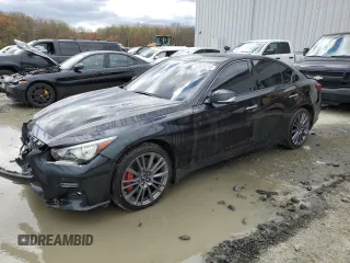 2023 Infiniti Q50 Red Sport 400 with VIN JN1FV7DR0PM590381, listed as a Copart auction lot 53615215 with 7,873 mi miles and Salvage title. Bid and sale history available at DreamBid. Image 1.