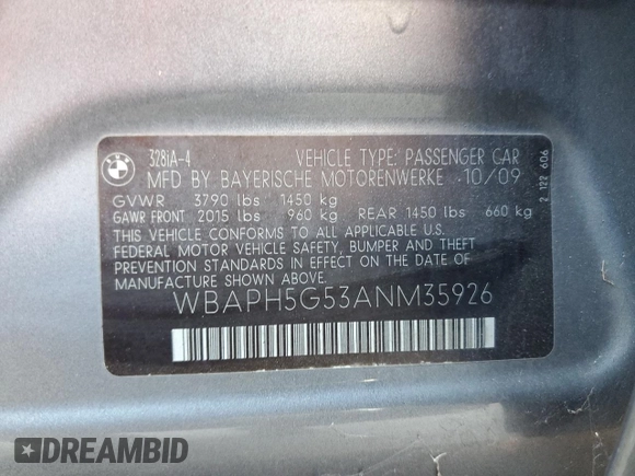 2010 BMW 3 Series 328i with VIN WBAPH5G53ANM35926, listed as a Copart auction lot 41793095 with 78,422 mi miles and Salvage Title. Bid and sale history available at DreamBid. Image 14.