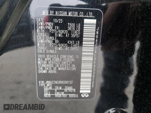 2024 Infiniti QX80 LUXE with VIN JN8AZ2AE0R9330122, listed as a Copart auction lot 88678885 with 6,783 mi miles and Salvage Title. Bid and sale history available at carsss.com. Image 13.
