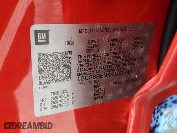 2019 Chevrolet Colorado 2WD Work Truck z VIN 1GCGSBENXK1157749, wystawiony jako Copart lot #54354435 z przebiegiem 91 088 mil mil oraz Nie do naprawy • Non repairable. Historia ofert i sprzedaży dostępna na DreamBid. Obrazek 12.