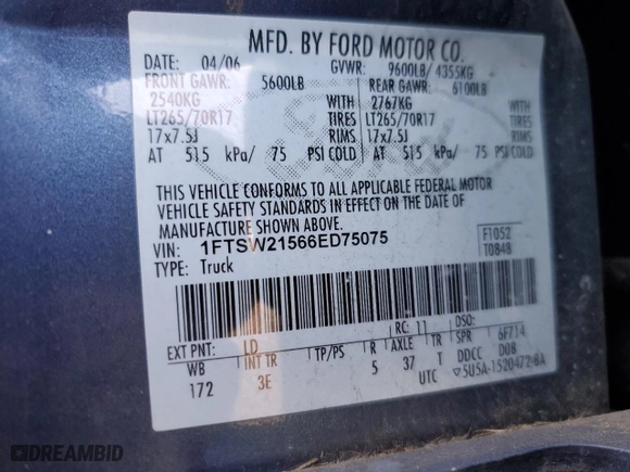 2006 Ford Super Duty F-250 XL with VIN 1FTSW21566ED75075, listed as a Copart auction lot 80066924 with 298,337 mi miles and Clean Title. Bid and sale history available at carsss.com. Image 12.