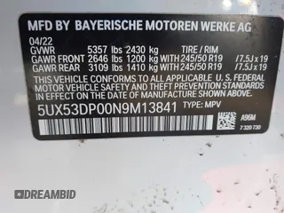 2022 BMW X3 xDrive30i with VIN 5UX53DP00N9M13841, listed as a IAAI auction lot 41677305 with 58,100 mi miles and . Bid and sale history available at DreamBid. Image 9.