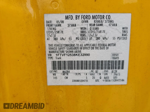 2008 Ford F-150 XL with VIN 1FTVF12538KE32990, listed as a Copart auction lot 85710764 with 141,563 mi miles and Salvage title. Bid and sale history available at DreamBid. Image 12.