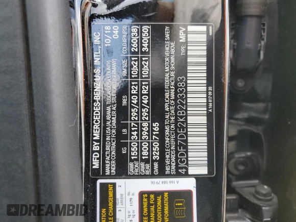2019 Mercedes-Benz GLS 550 with VIN 4JGDF7DE2KB223383, listed as a Copart auction lot 59771305 with 66,193 mi miles and Salvage title. Bid and sale history available at DreamBid. Image 13.