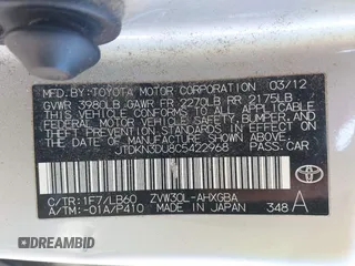 2012 Toyota Prius One with VIN JTDKN3DU8C5422968, listed as a IAAI auction lot 42080548 with 240,308 mi miles. Bid and sale history available at carsss.com. Image 9.