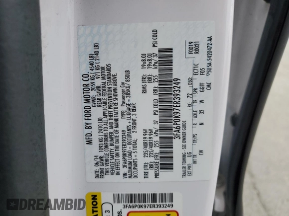 2014 Ford Fusion Titanium with VIN 3FA6P0K97ER393249, listed as a Copart auction lot 53087355 with 148,266 mi miles and Salvage Title. Bid and sale history available at DreamBid. Image 12.
