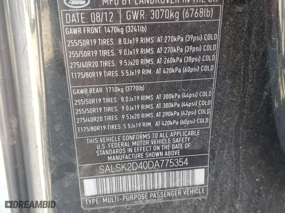 2013 Land Rover Range Rover Sport HSE LUX with VIN SALSK2D40DA775354, listed as a Copart auction lot 43821475 with 188,716 mi miles and Salvage Title. Bid and sale history available at carsss.com. Image 13.
