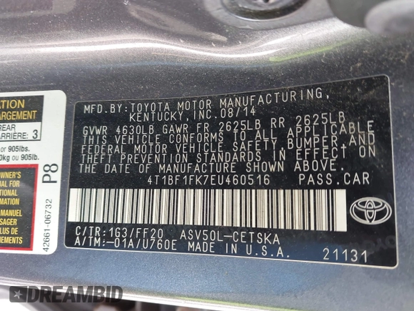 2014 Toyota Camry L with VIN 4T1BF1FK7EU460516, listed as a IAAI auction lot 41908434 with 174,987 mi miles. Bid and sale history available at carsss.com. Image 9.