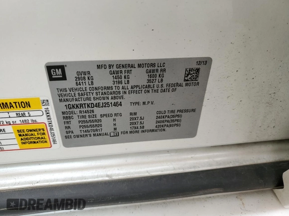 2014 GMC Acadia Denali with VIN 1GKKRTKD4EJ251464, listed as a Copart auction lot 49618755 with 137,461 mi miles and Salvage Title. Bid and sale history available at carsss.com. Image 13.