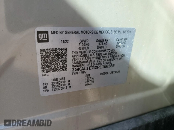 2023 GMC Terrain SLE with VIN 3GKALTEG2PL150566, listed as a Copart auction lot 48999765 with 50,907 mi miles and Salvage title. Bid and sale history available at DreamBid. Image 13.
