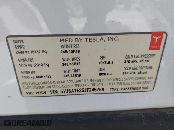 2018 Tesla Model S 75D with VIN 5YJSA1E25JF245269, listed as a IAAI auction lot 41914567 with 56,086 mi miles and . Bid and sale history available at DreamBid. Image 9.