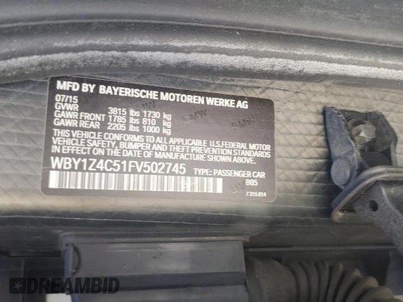 2015 BMW i3 z VIN WBY1Z4C51FV502745, wystawiony jako Copart lot #51739575 z przebiegiem Nie podano mil oraz Szkoda całkowita • Salvage title. Historia ofert i sprzedaży dostępna na DreamBid. Obrazek 13.
