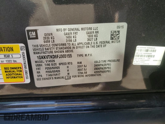 2015 GMC Acadia Denali with VIN 1GKKVTKD6FJ365155, listed as a Copart auction lot 47182875 with 133,035 mi miles and Salvage Title. Bid and sale history available at carsss.com. Image 15.
