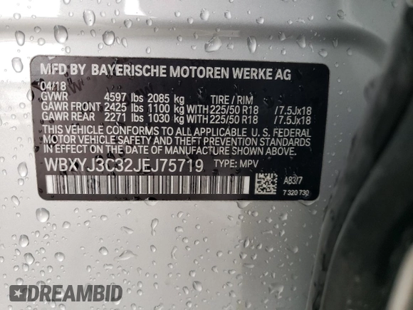 2018 BMW X2 sDrive28i with VIN WBXYJ3C32JEJ75719, listed as a Copart auction lot 60884755 with Not provided miles and Salvage title. Bid and sale history available at DreamBid. Image 13.