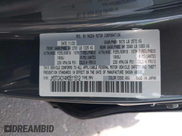2021 Mazda CX-9 Touring с VIN JM3TCACY4M0511512, выставлен на аукционе IAAI как лот 42376544 с пробегом 50 485 миль миль и . История ставок и продаж доступна на DreamBid. Изображение 9.