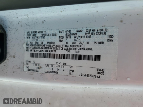 2017 Ford F-150 XL with VIN 1FTEX1C8XHKE23922, listed as a Copart auction lot 55617325 with 123,619 mi miles and Clean title. Bid and sale history available at DreamBid. Image 12.