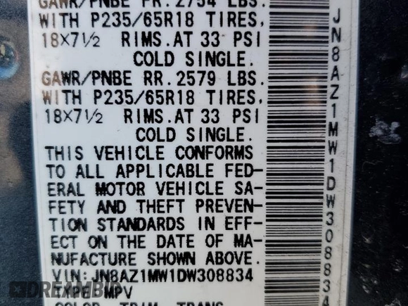 2013 Nissan Murano SV with VIN JN8AZ1MW1DW308834, listed as a Copart auction lot 46467555 with 151,686 mi miles and Salvage Title. Bid and sale history available at carsss.com. Image 13.