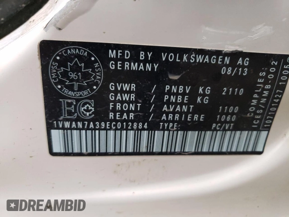2014 Volkswagen Passat with VIN 1VWAN7A39EC012884, listed as a Copart auction lot 85518584 with Not provided miles and Salvage title. Bid and sale history available at DreamBid. Image 12.
