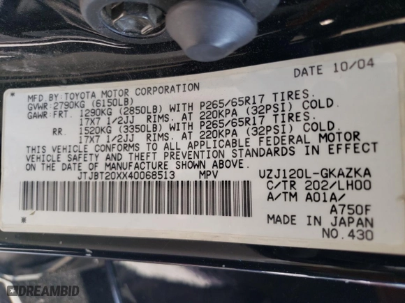 2004 Lexus GX 470 with VIN JTJBT20XX40068513, listed as a Copart auction lot 71554824 with 208,790 mi miles and Salvage Title. Bid and sale history available at carsss.com. Image 15.