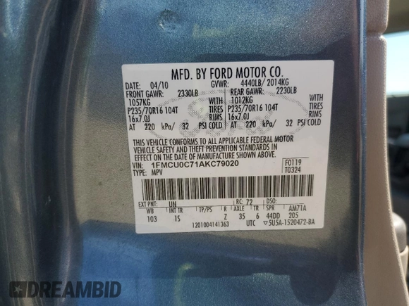2010 Ford Escape XLS с VIN 1FMCU0C71AKC79020, выставлен на аукционе Copart как лот 52207675 с пробегом 188 415 миль миль и Списание • Salvage title. История ставок и продаж доступна на DreamBid. Изображение 14.