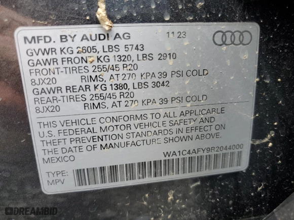 2024 Audi SQ5 Prestige with VIN WA1C4AFY9R2044000, listed as a Copart auction lot 65783364 with 6,373 mi miles and Salvage Title. Bid and sale history available at carsss.com. Image 13.