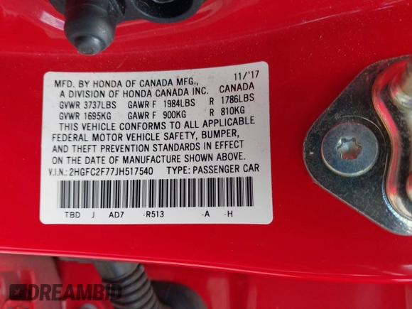 2018 Honda Civic EX with VIN 2HGFC2F77JH517540, listed as a IAAI auction lot 42130831 with Not Provided miles and . Bid and sale history available at DreamBid. Image 9.