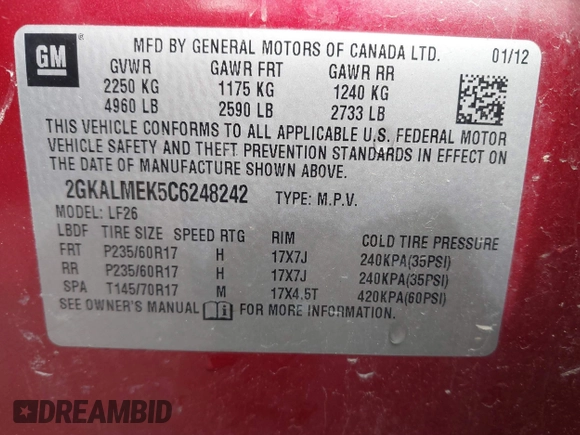 2012 GMC Terrain SLE-1 with VIN 2GKALMEK5C6248242, listed as a IAAI auction lot 42226082 with 169,738 mi miles and . Bid and sale history available at DreamBid. Image 9.