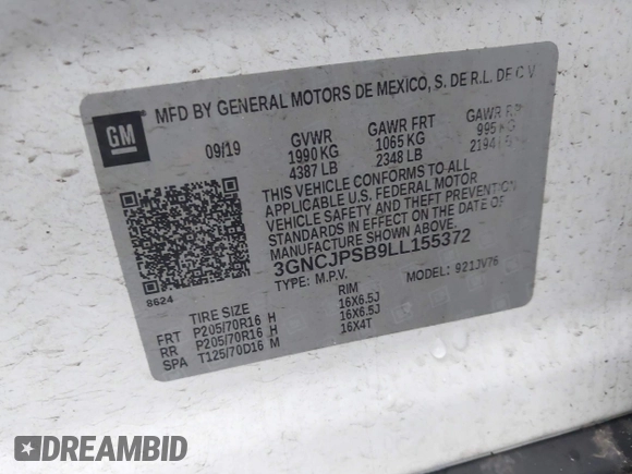 2020 Chevrolet Trax LT with VIN 3GNCJPSB9LL155372, listed as a IAAI auction lot 42357337 with 71,445 mi miles and . Bid and sale history available at DreamBid. Image 9.