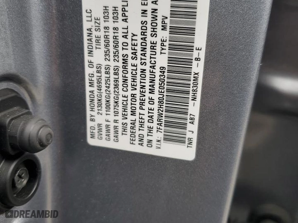 2018 Honda CR-V EX-L with VIN 7FARW2H80JE050349, listed as a Copart auction lot 49740415 with 0 mi miles and Salvage Title. Bid and sale history available at carsss.com. Image 14.