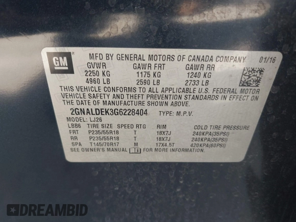 2016 Chevrolet Equinox LTZ with VIN 2GNALDEK3G6228404, listed as a IAAI auction lot 41973474 with 142,806 mi miles. Bid and sale history available at carsss.com. Image 9.