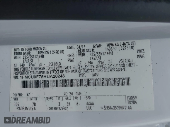 2017 Ford Escape S with VIN 1FMCU0F75HUA20248, listed as a IAAI auction lot 42146148 with 1 mi miles. Bid and sale history available at carsss.com. Image 9.