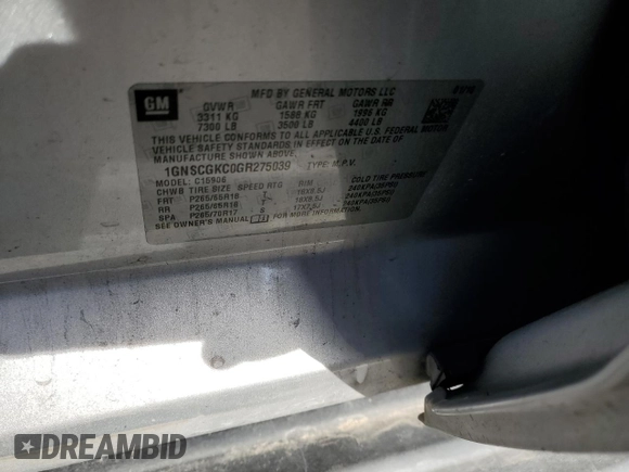 2016 Chevrolet Suburban LS with VIN 1GNSCGKC0GR275039, listed as a Copart auction lot 88638755 with 143,172 mi miles and Salvage title. Bid and sale history available at DreamBid. Image 13.