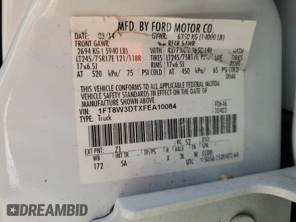 2015 Ford F-350 Lariat with VIN 1FT8W3DTXFEA10084, listed as a Copart auction lot 56049975 with Not provided miles and Salvage title. Bid and sale history available at DreamBid. Image 12.