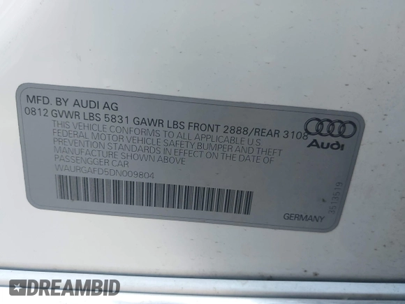 2013 Audi A8 3.0L z VIN WAURGAFD5DN009804, wystawiony jako IAAI lot #42642523 z przebiegiem 141 252 mil mil oraz . Historia ofert i sprzedaży dostępna na DreamBid. Obrazek 9.