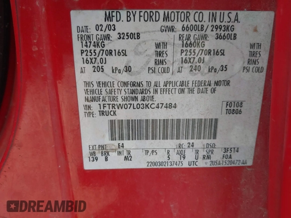 2003 Ford F-150 XLT with VIN 1FTRW07L03KC47484, listed as a IAAI auction lot 41653389 with 283,296 mi miles. Bid and sale history available at carsss.com. Image 9.