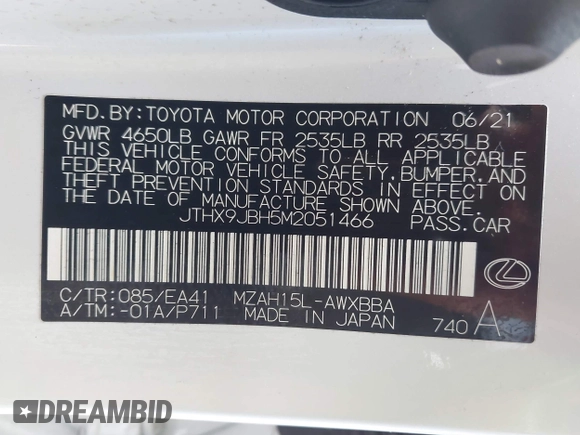 2021 Lexus UX 250h with VIN JTHX9JBH5M2051466, listed as a IAAI auction lot 42318286 with 40,109 mi miles and . Bid and sale history available at DreamBid. Image 9.