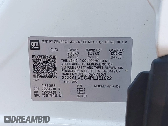 2023 GMC Terrain SLT with VIN 3GKALVEG4PL181622, listed as a IAAI auction lot 41824862 with 46,855 mi miles and . Bid and sale history available at carsss.com. Image 9.
