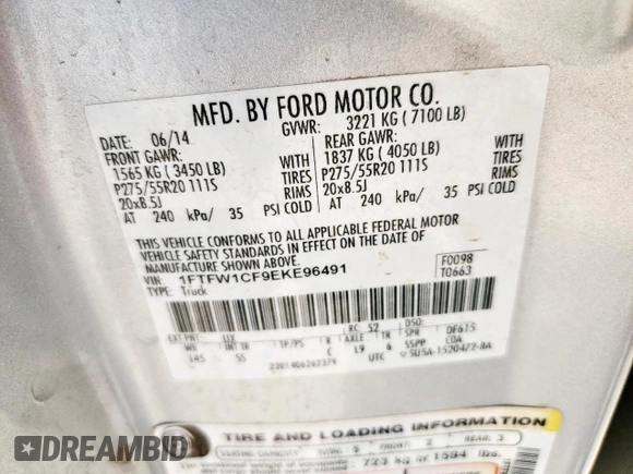 2014 Ford F-150 XL with VIN 1FTFW1CF9EKE96491, listed as a Copart auction lot 60846965 with 68,885 mi miles and Salvage title. Bid and sale history available at DreamBid. Image 13.
