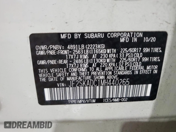 2021 Subaru Forester with VIN JF2SKADC1MH440265, listed as a Copart auction lot 43424955 with 26,143 mi miles and Salvage Title. Bid and sale history available at carsss.com. Image 14.